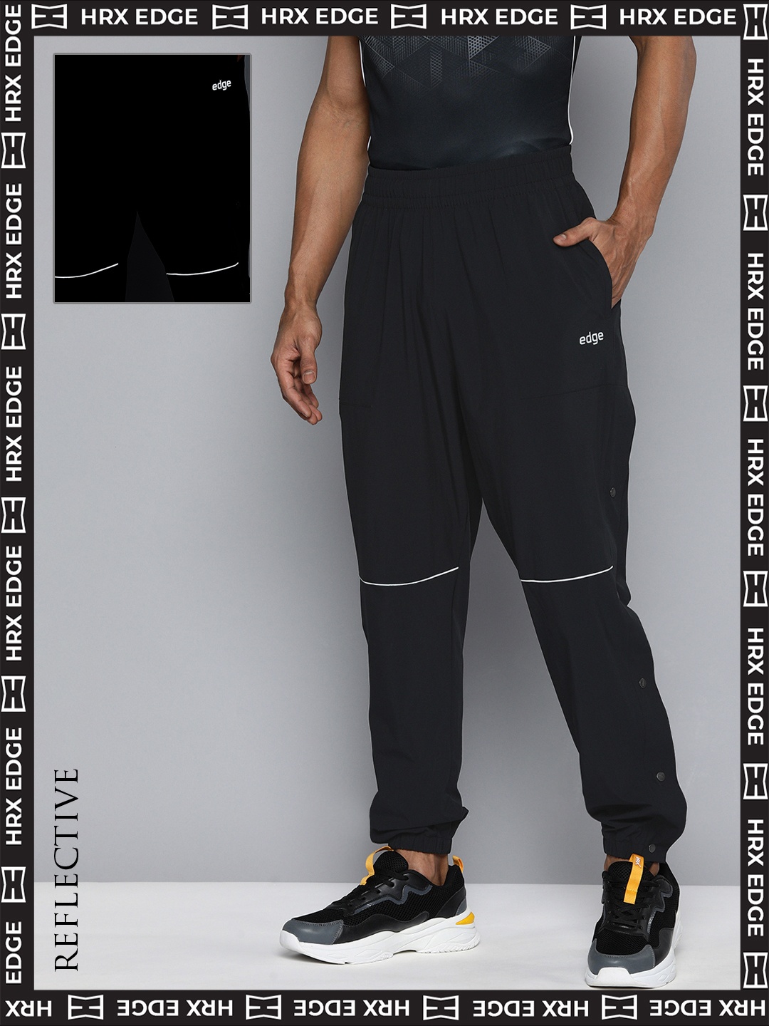 

HRX by Hrithik Roshan EDGE Men Rapid-Dry Joggers Track Pants With Snap-Button Tape Detail, Black