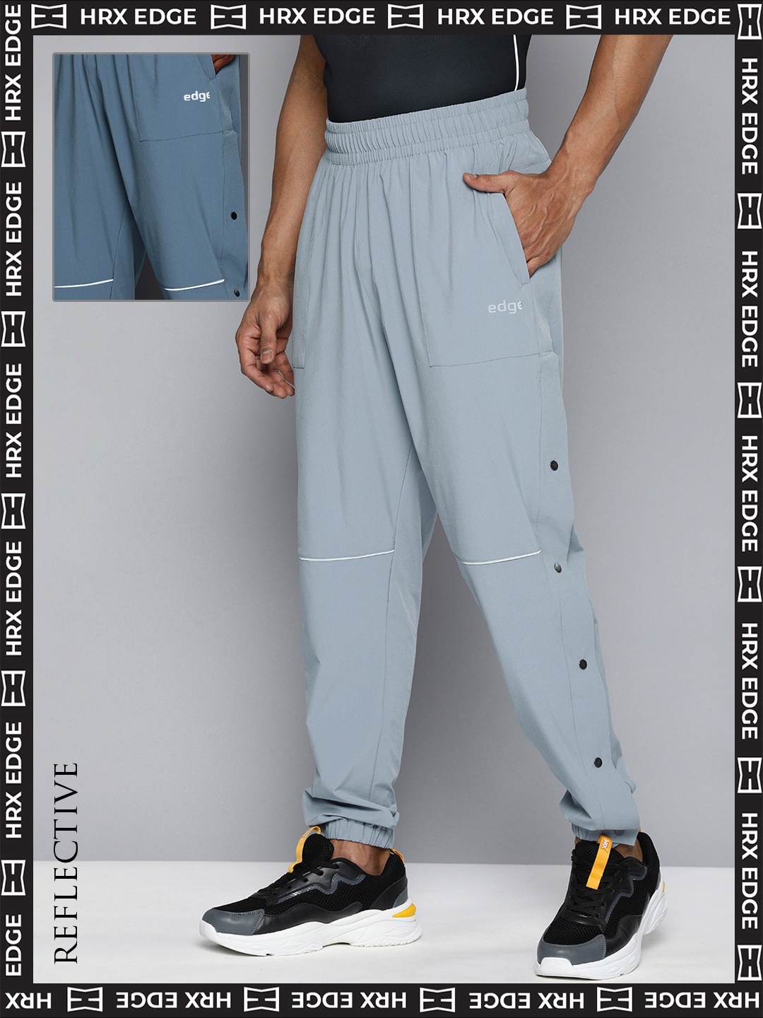 

HRX by Hrithik Roshan EDGE Men Rapid-Dry Joggers Track Pants With Snap-Button Tape Detail, Grey
