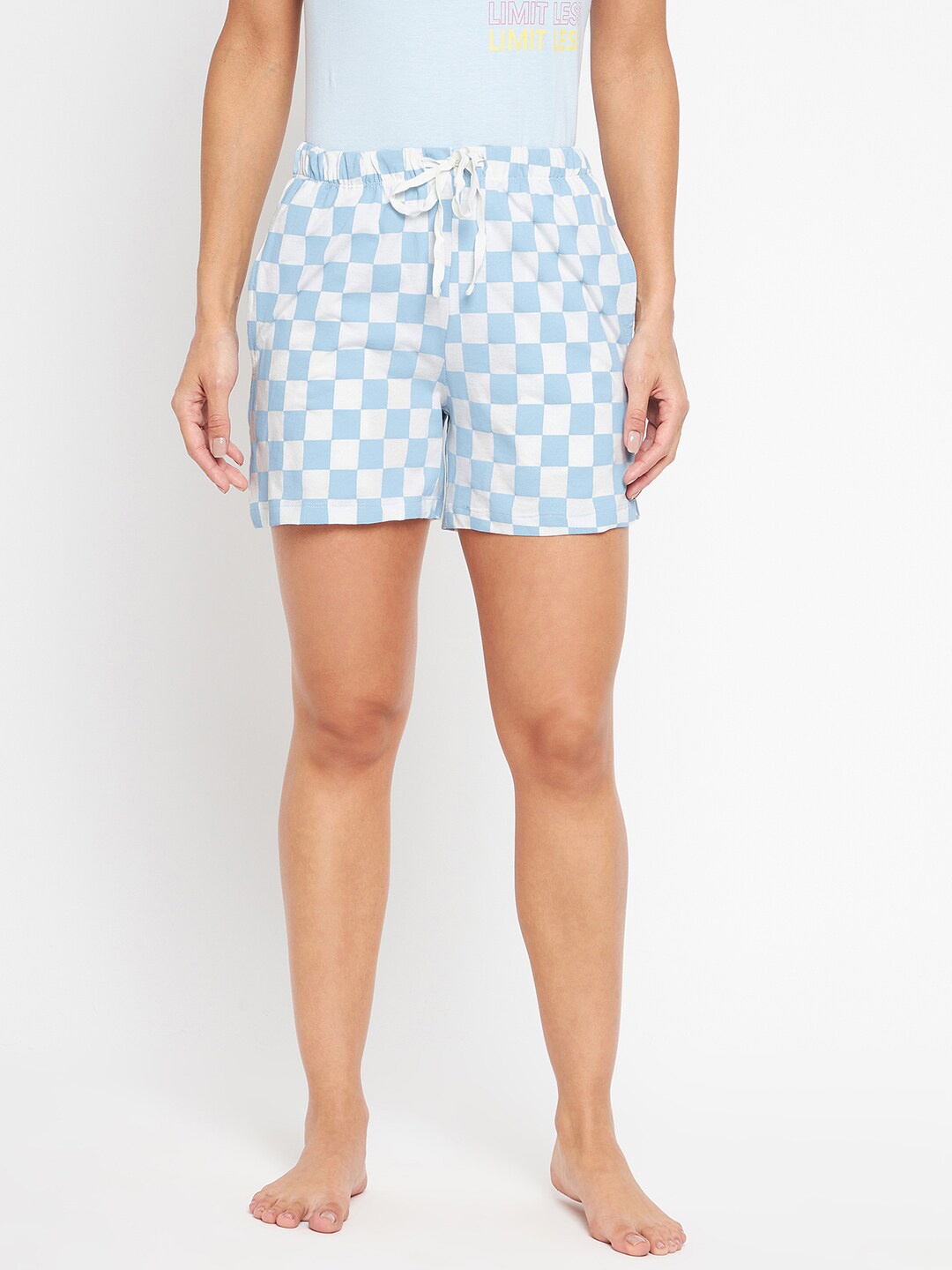 

MADAME M SECRET Women Off White & Blue Checked Lounge Shorts