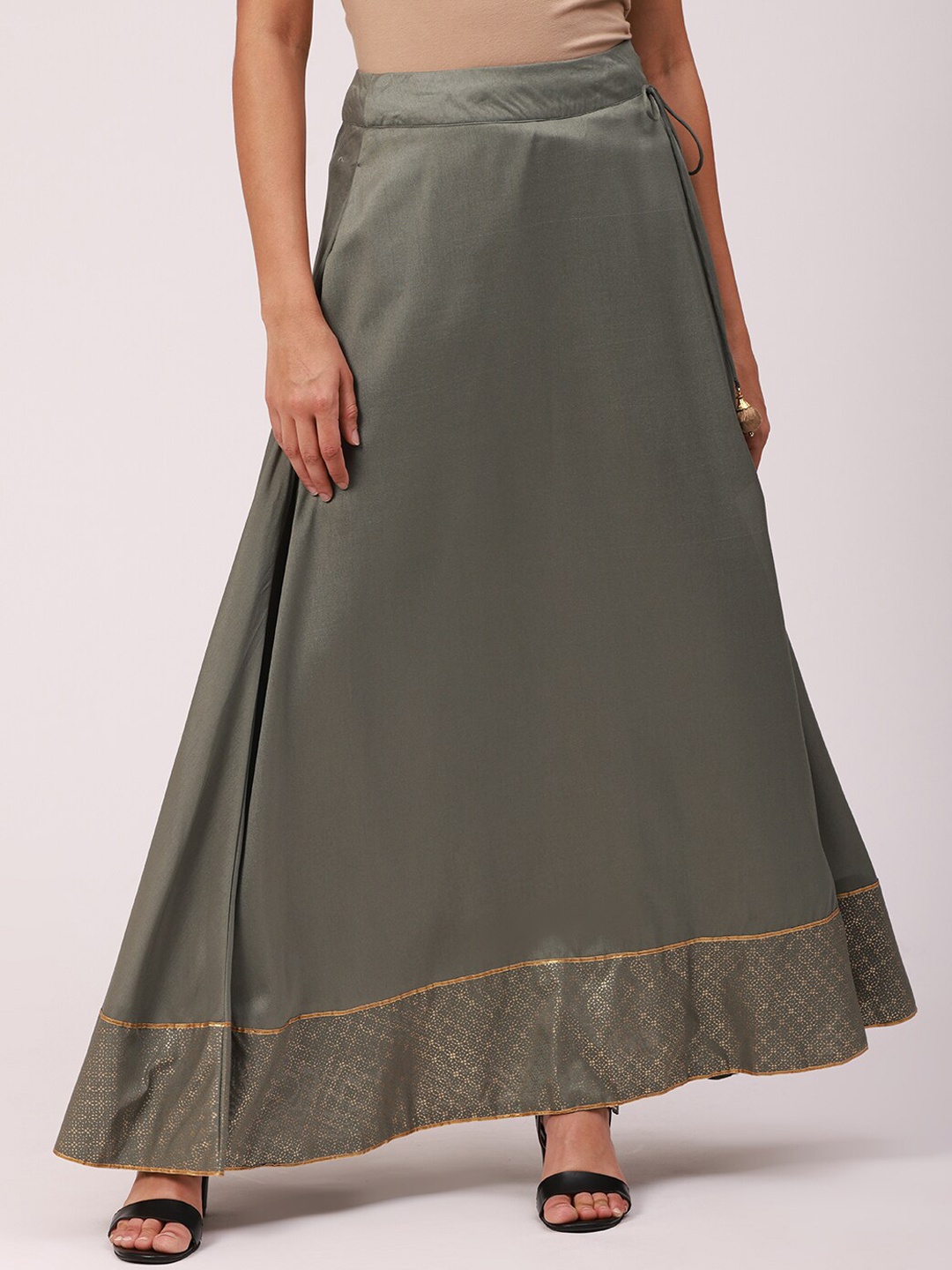 

De Moza Green & Gold Printed A-line Skirt