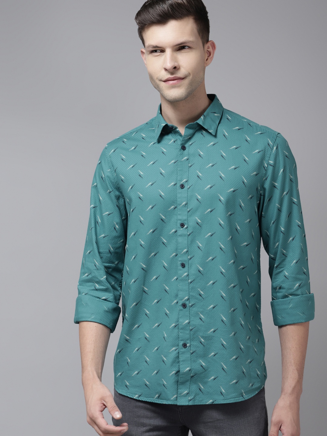 

Blackberrys Men Teal Blue Pure Cotton India Slim Fit Printed Casual Shirt