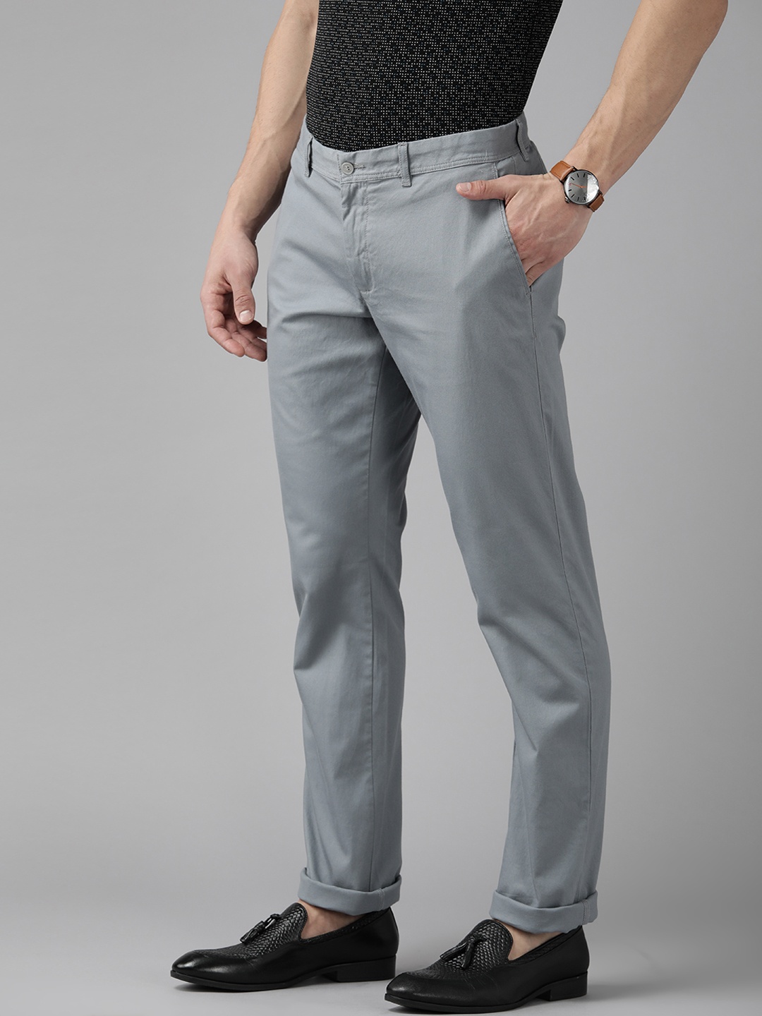 

Blackberrys Men Grey Solid B-95 Slim Fit Trousers
