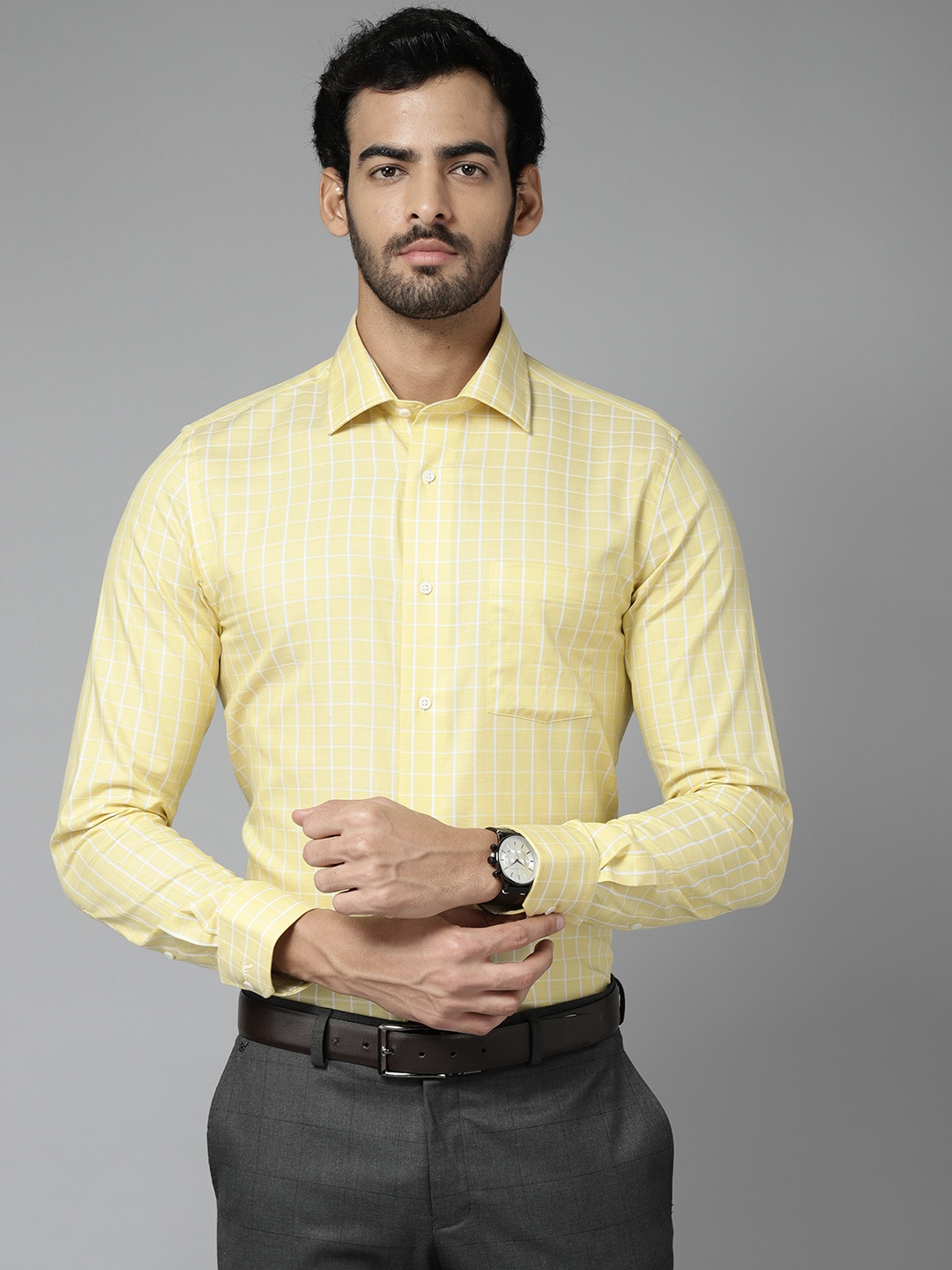 

Blackberrys Men Yellow & White India Slim Fit Grid Checks Pure Cotton Formal Shirt