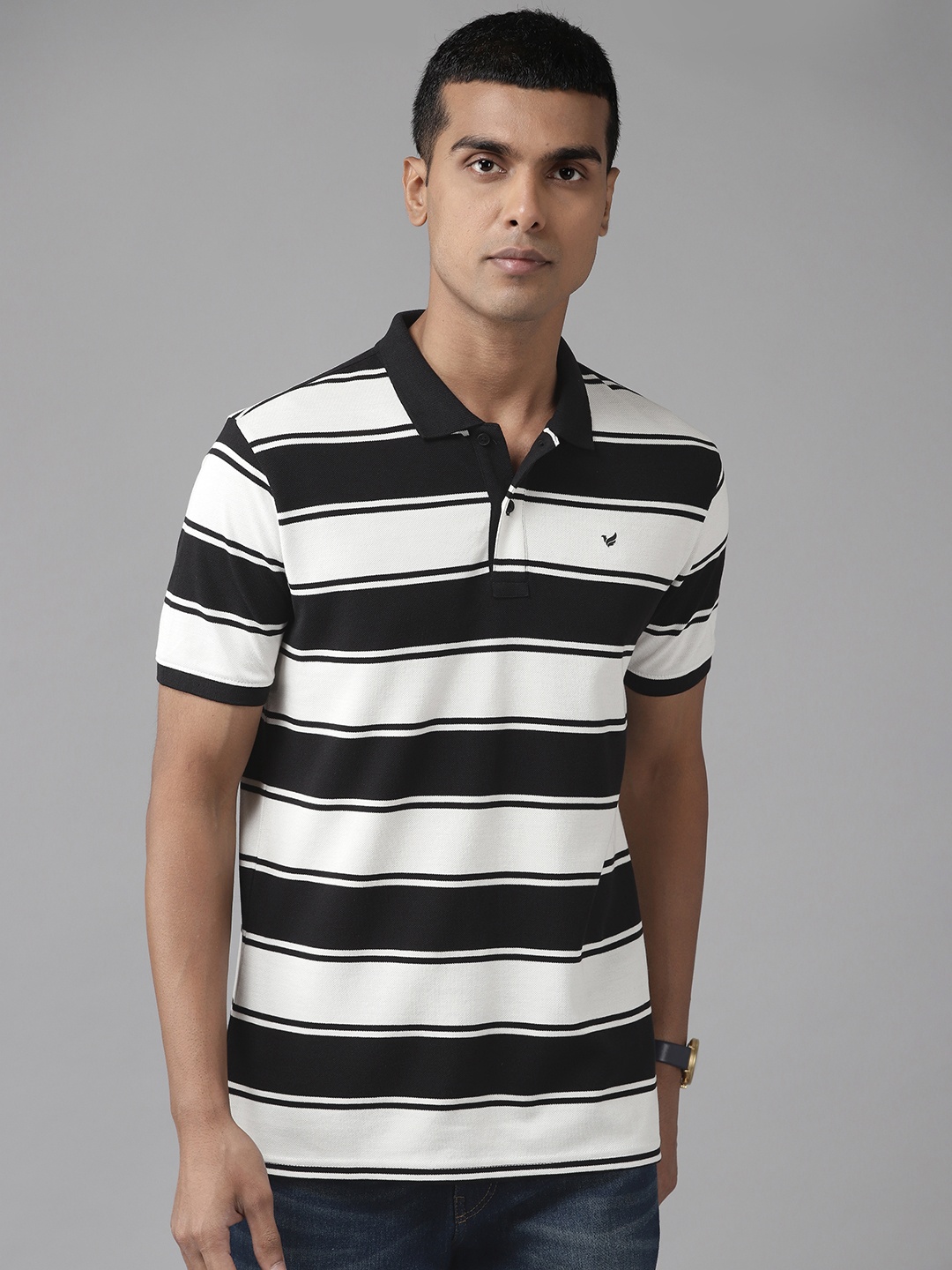 

Blackberrys Men Black & White Striped Polo Collar T-shirt