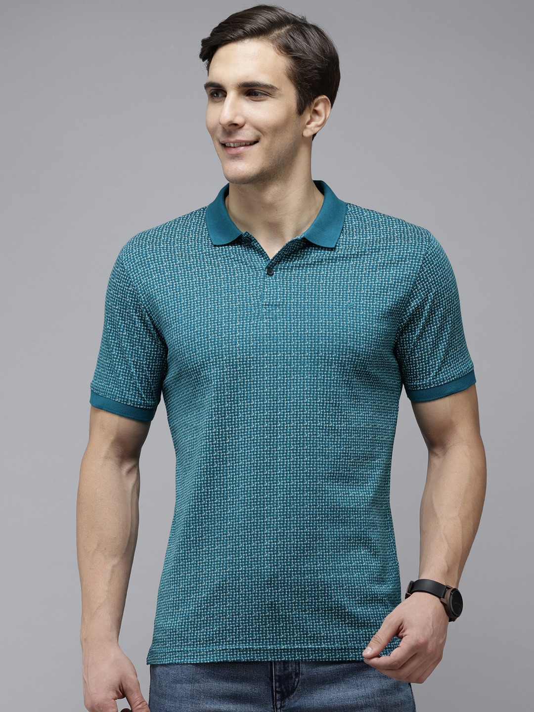 

Blackberrys Men Teal Blue & White Printed Polo Collar T-shirt