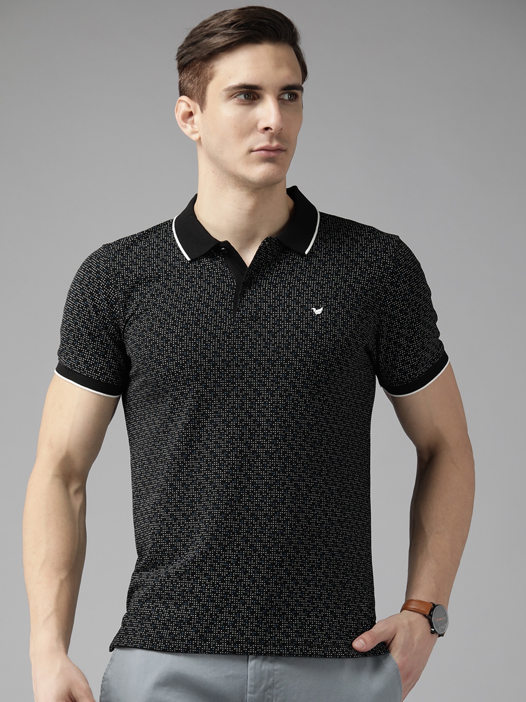 

Blackberrys Men Black & White Printed Polo Collar T-shirt