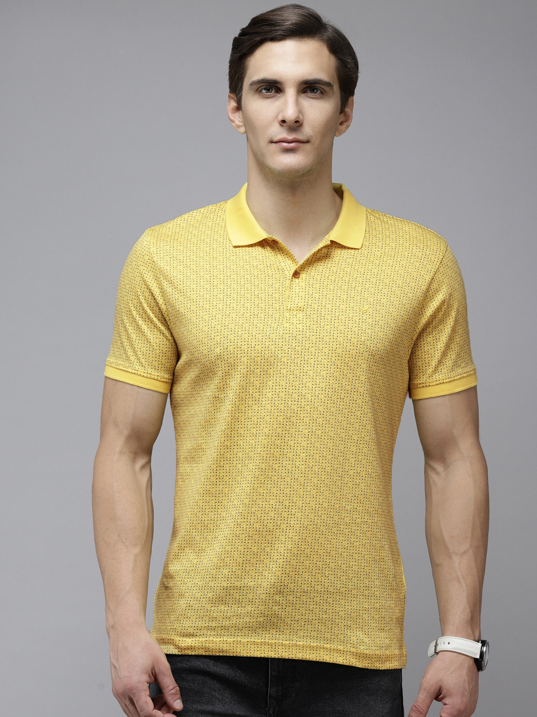 

Blackberrys Men Yellow & Blue Printed Polo Collar T-shirt
