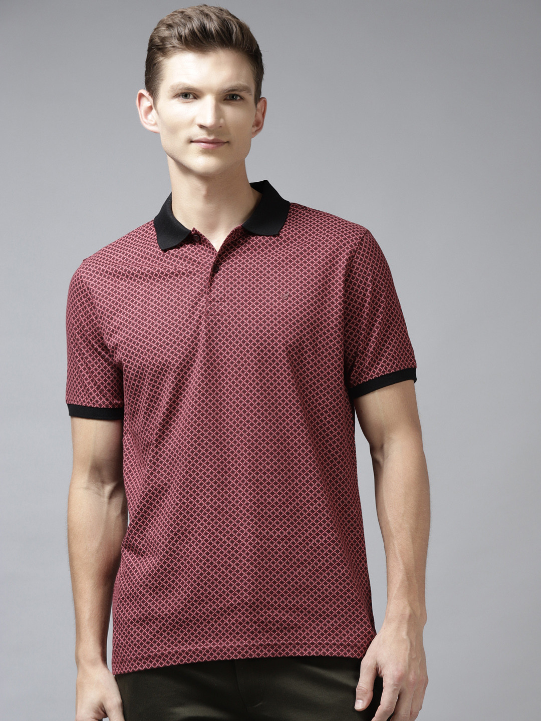 

Blackberrys Men Burgundy Printed Cotton Polo Collar Slim Fit T-shirt