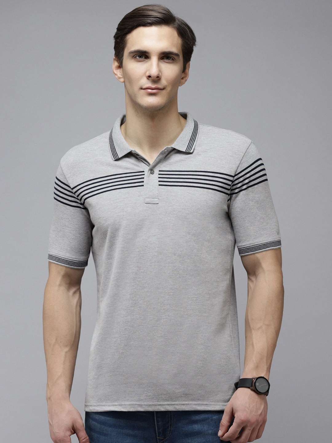 

Blackberrys Men Grey Melange Striped Detail Polo Collar T-shirt