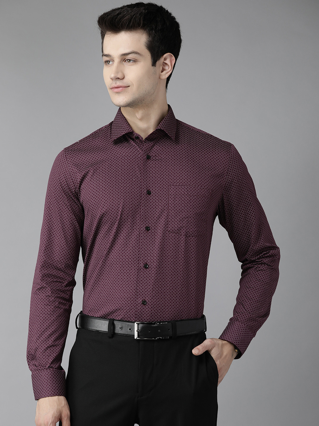 

Blackberrys Men Burgundy Pure Cotton India Slim Fit Printed Formal Shirt