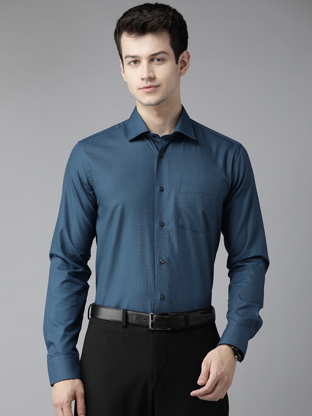 

Blackberrys Men Teal Blue Pure Cotton India Slim Fit Printed Formal Shirt