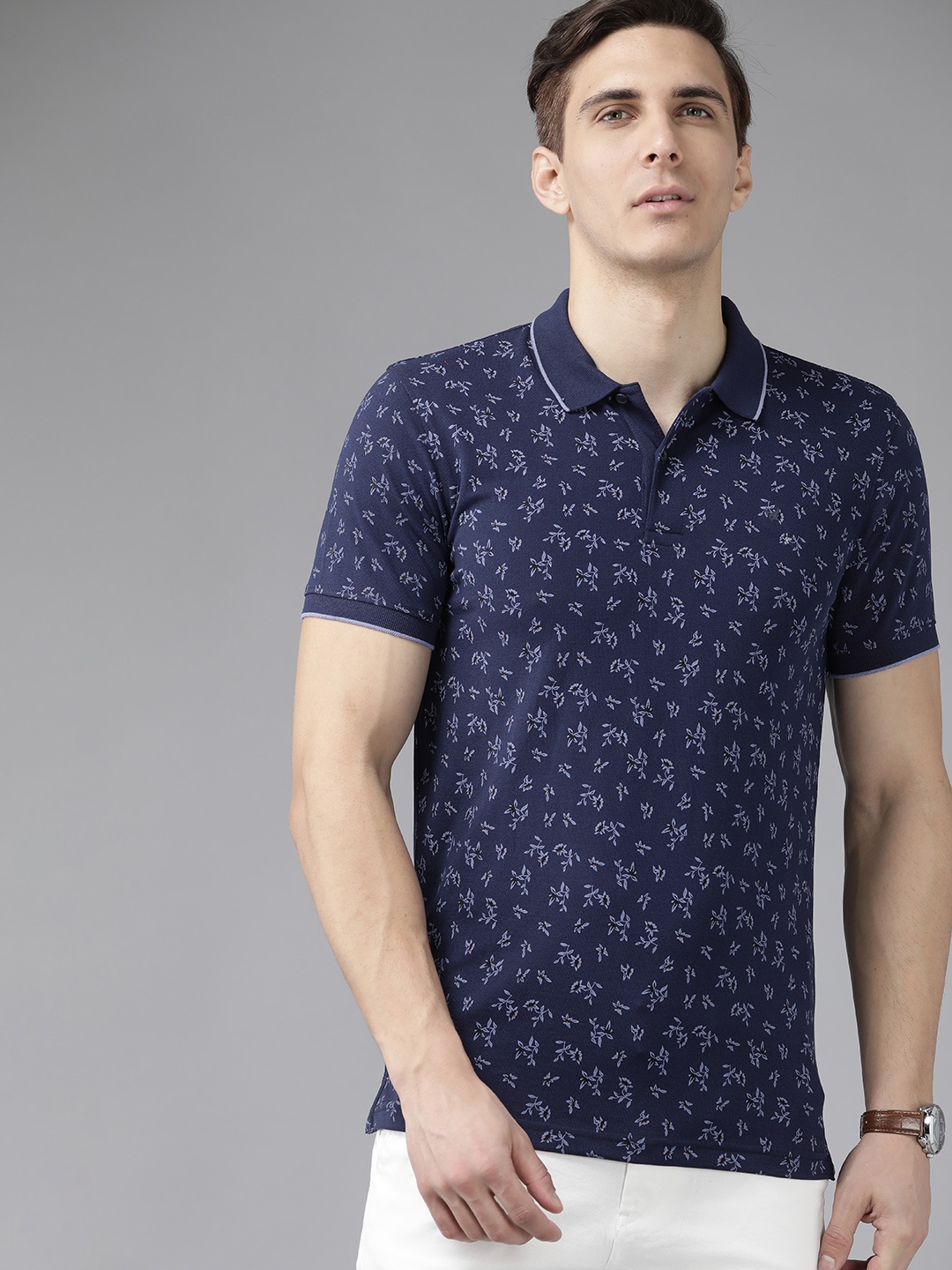 

Blackberrys Men Blue & Black Floral Printed Polo Collar T-shirt