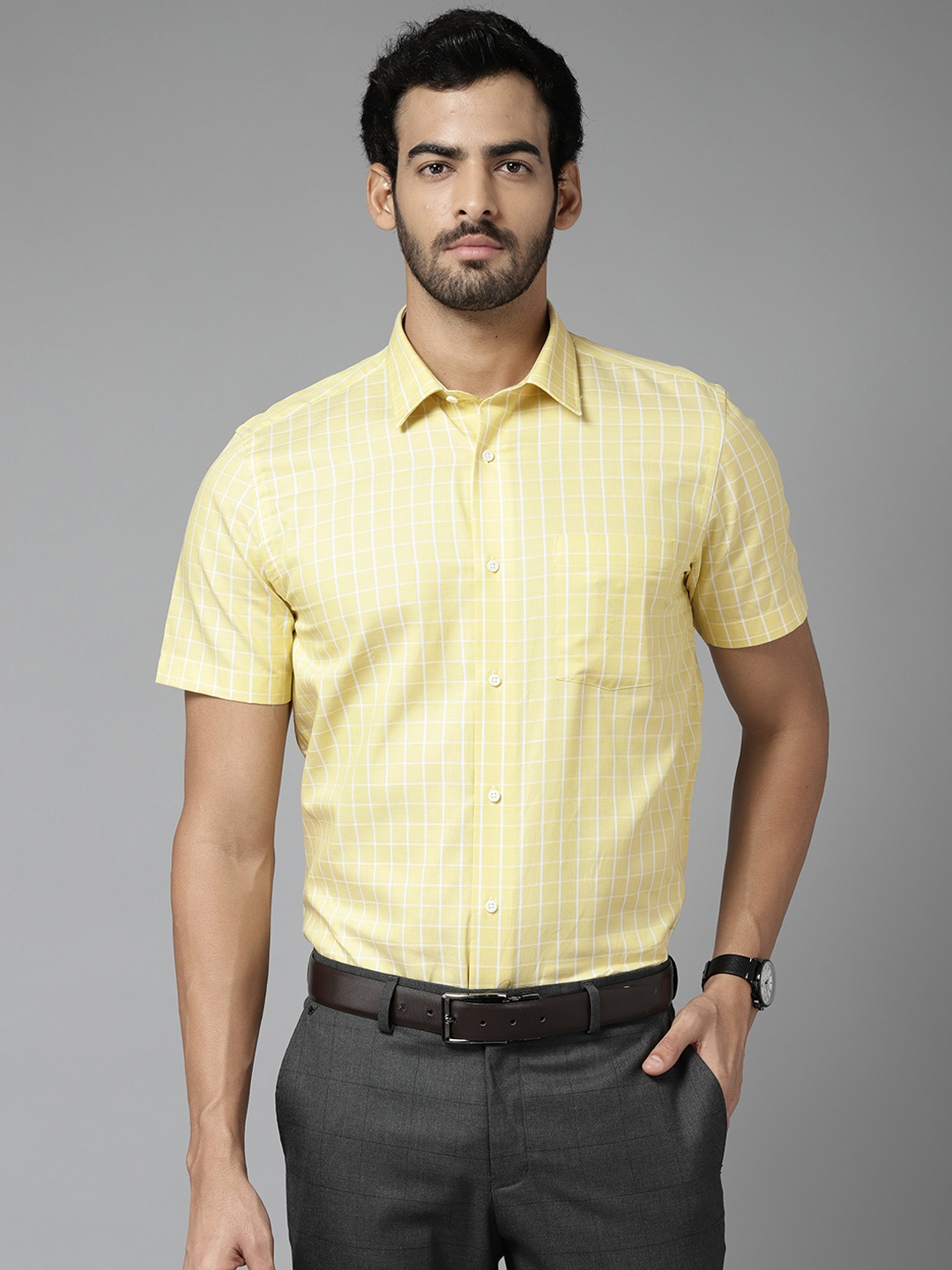 

Blackberrys Men Yellow & White India Slim Fit Grid Checks Pure Cotton Formal Shirt