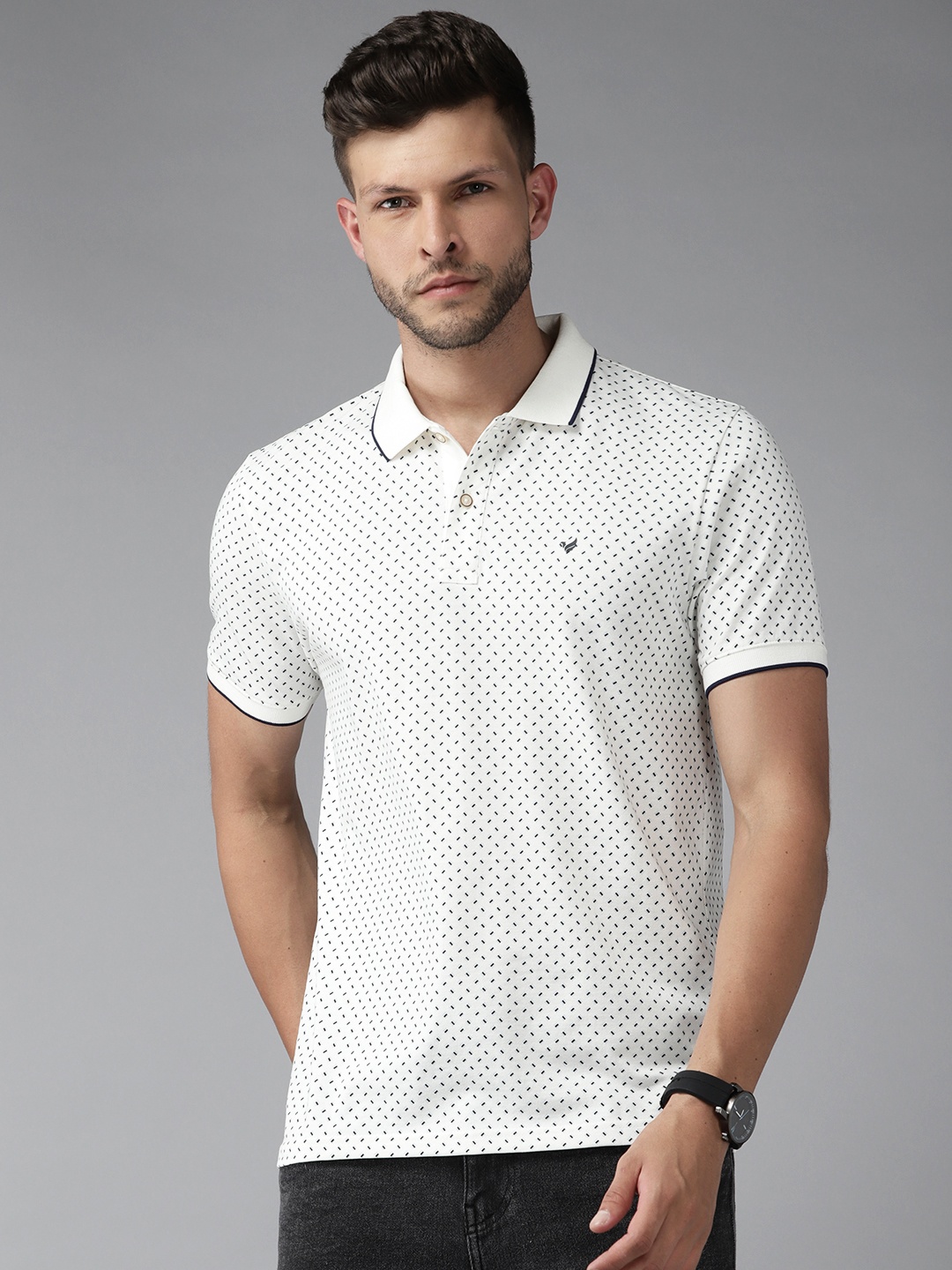 

Blackberrys Men White & Navy Blue Printed Polo Collar T-shirt