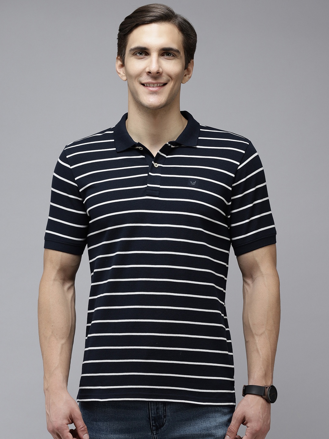 

Blackberrys Men Navy Blue & White Striped Polo Collar T-shirt
