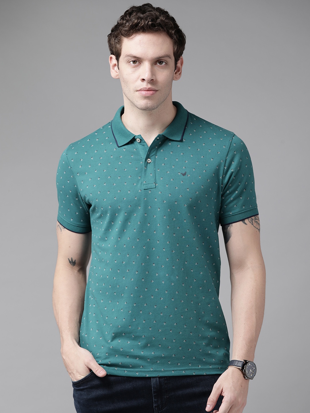 

Blackberrys Men Teal Green Micro Floral Printed Polo Collar T-shirt