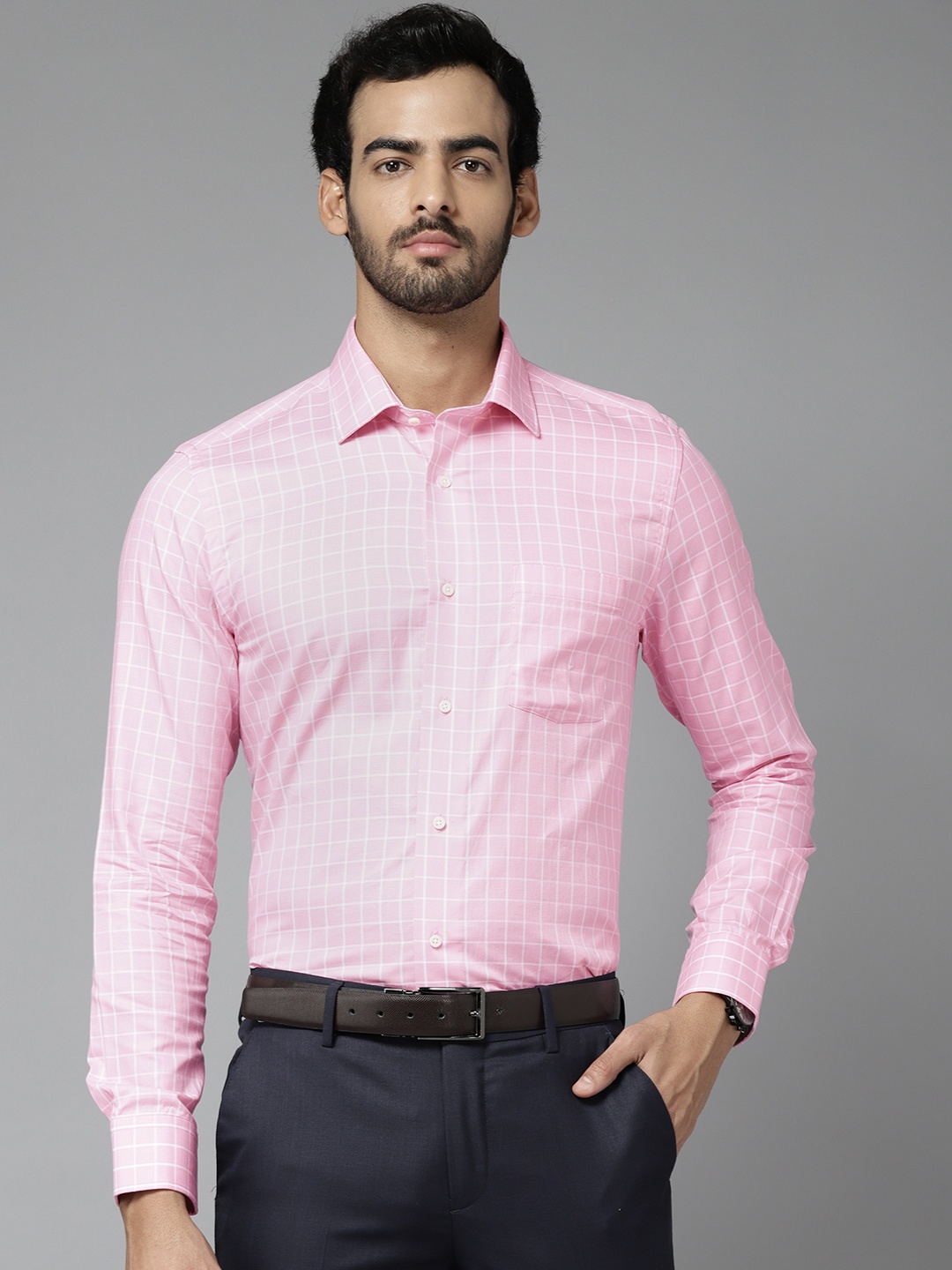 

Blackberrys Men Pink Pure Cotton India Slim Fit Grid Checked Formal Shirt