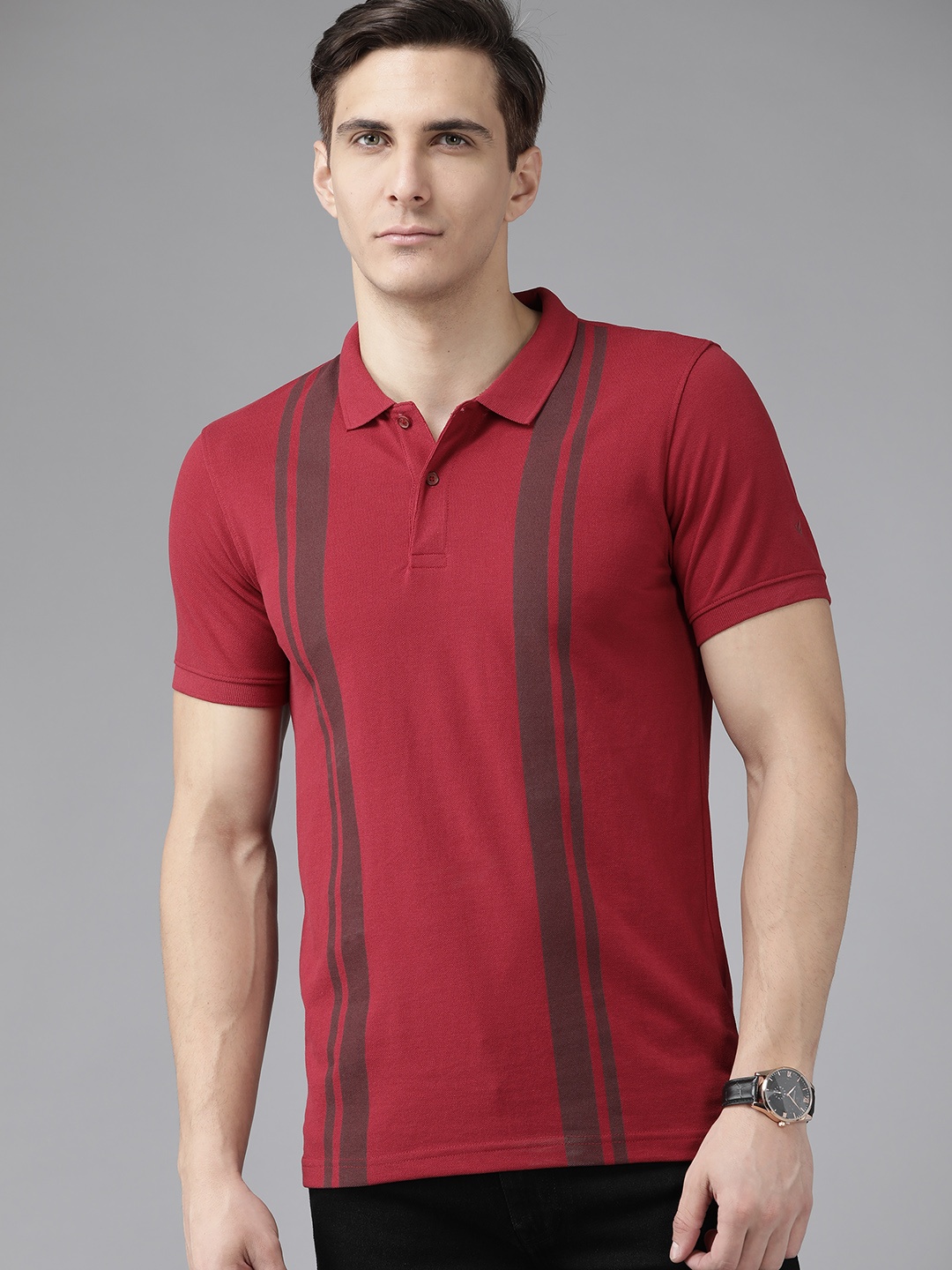 

Blackberrys Men Maroon & Taupe Striped Polo Collar T-shirt