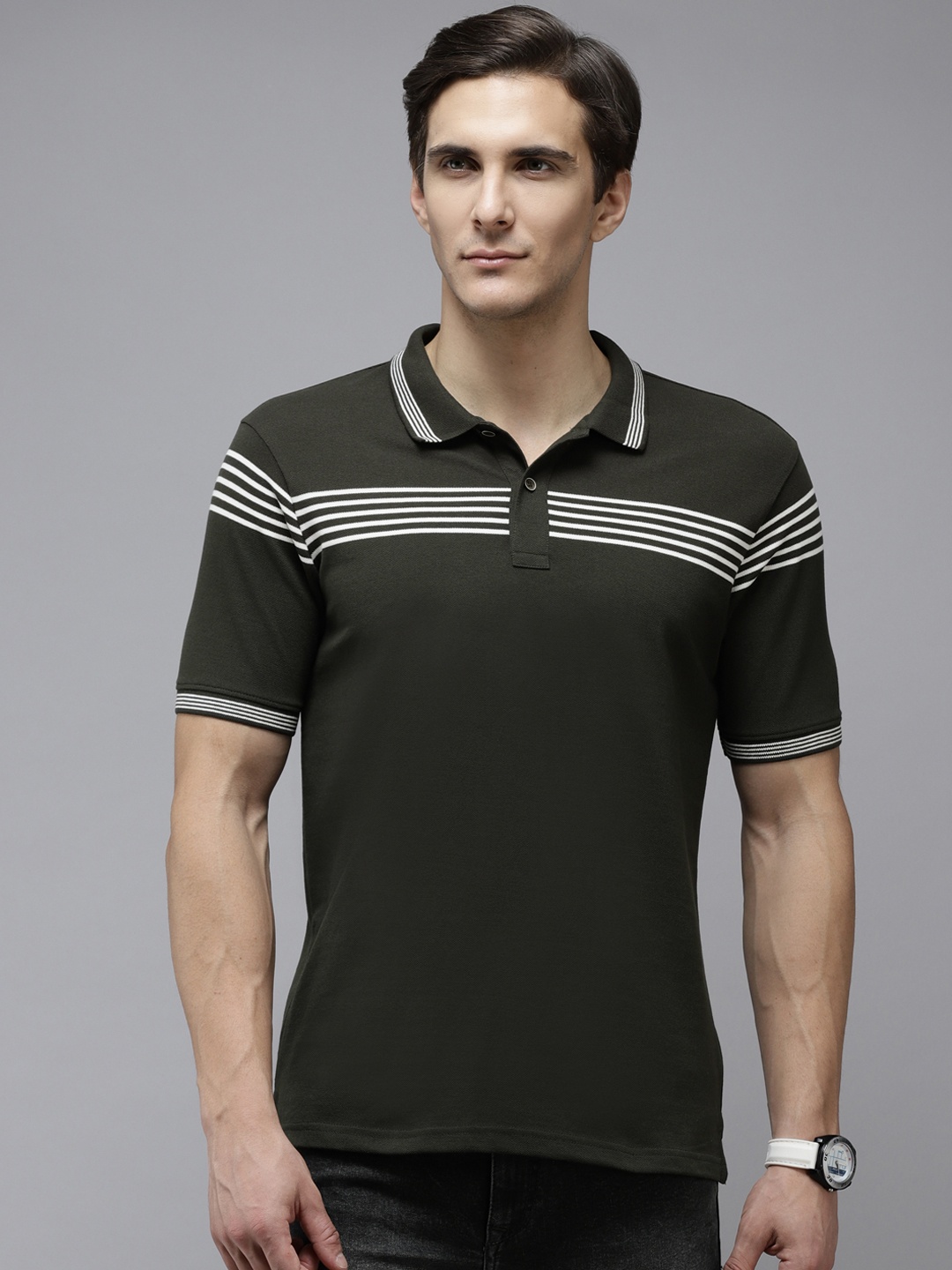 

Blackberrys Men Olive Green & White Striped Detail Polo Collar T-shirt