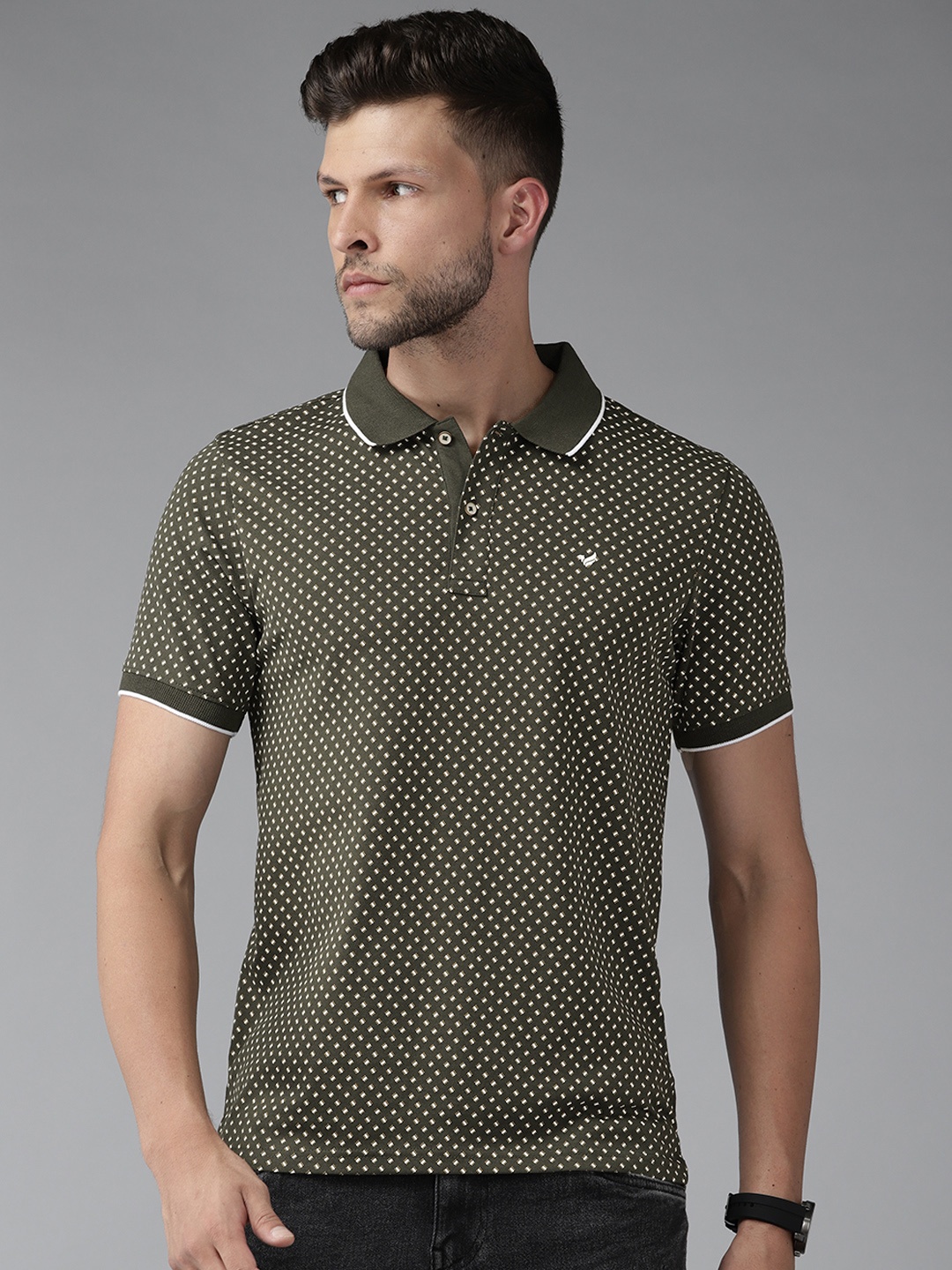 

Blackberrys Men Olive Green & White Printed Polo Collar Slim Fit T-shirt