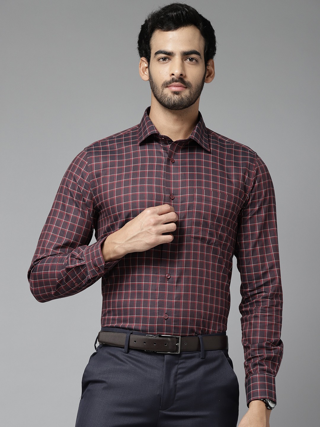 

Blackberrys Men Maroon Pure Cotton India Slim Fit Grid Checked Formal Shirt