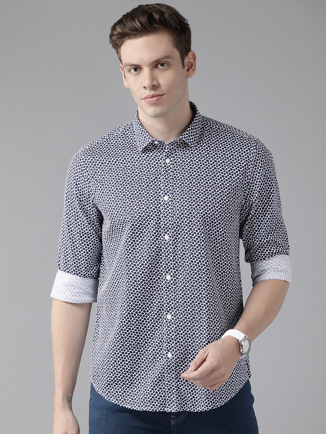 

Blackberrys Men Navy Blue & White India Slim Fit Printed Pure Cotton Casual Shirt