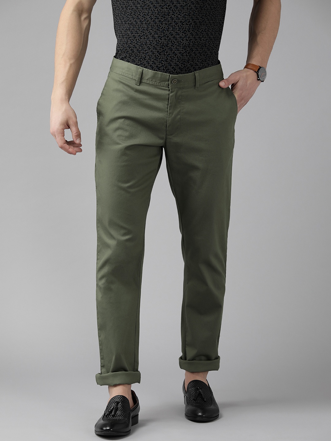 

Blackberrys Men Olive Green Solid B-95 Slim Fit Chinos Trousers