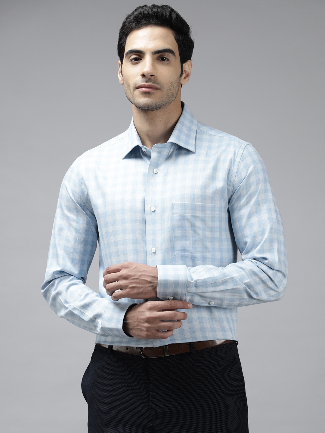 

Blackberrys Men Blue Pure Cotton India Slim Fit Checked Formal Shirt