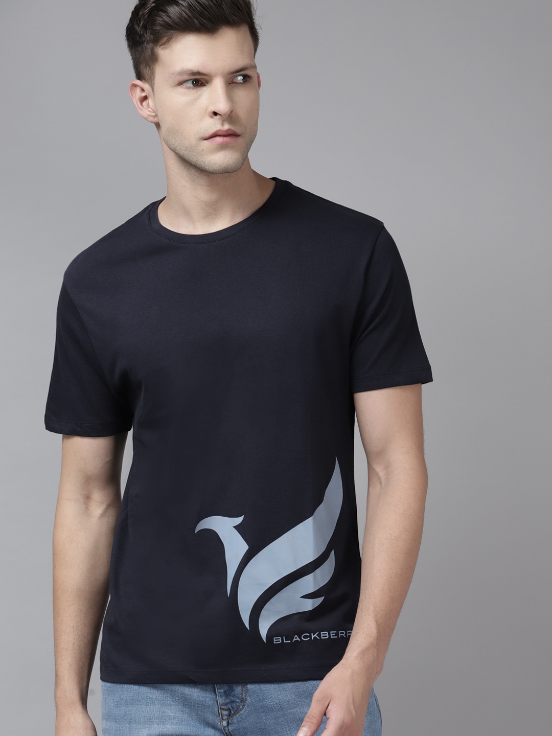 

Blackberrys Men Navy Blue Brand Logo Printed Pure Cotton Slim Fit T-shirt