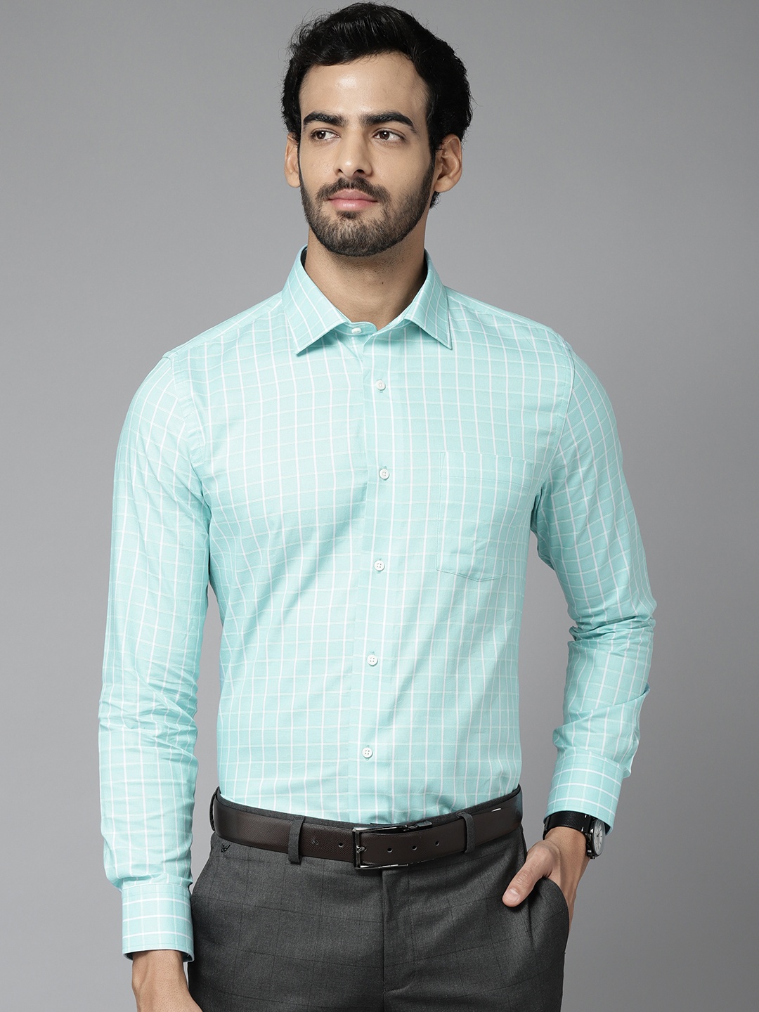 

Blackberrys Men Blue Pure Cotton India Slim Fit Grid Checked Formal Shirt