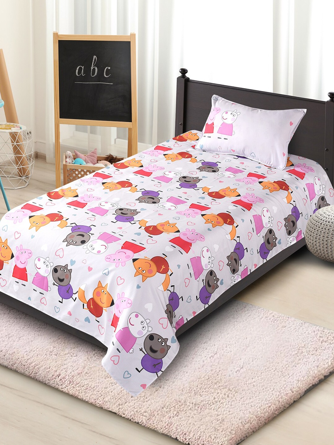 

Saral Home Grey & Pink Peppa Pig 180 TC Cotton Single Bedsheet with 1 Pillow Covers