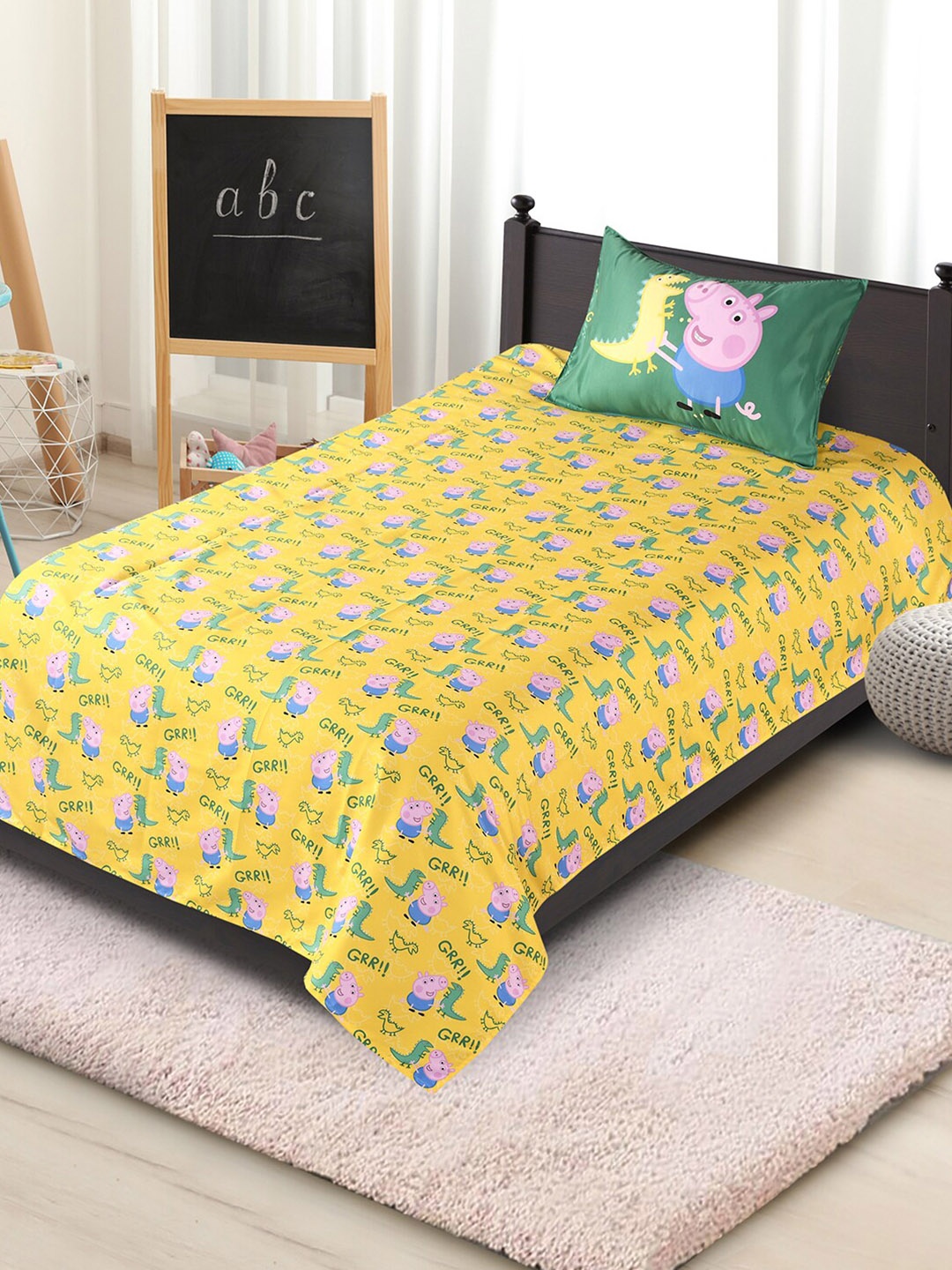 

Saral Home Yellow & Green Peppa Pig 180 TC Cotton Single Bedsheet with 1 Pillow Cover