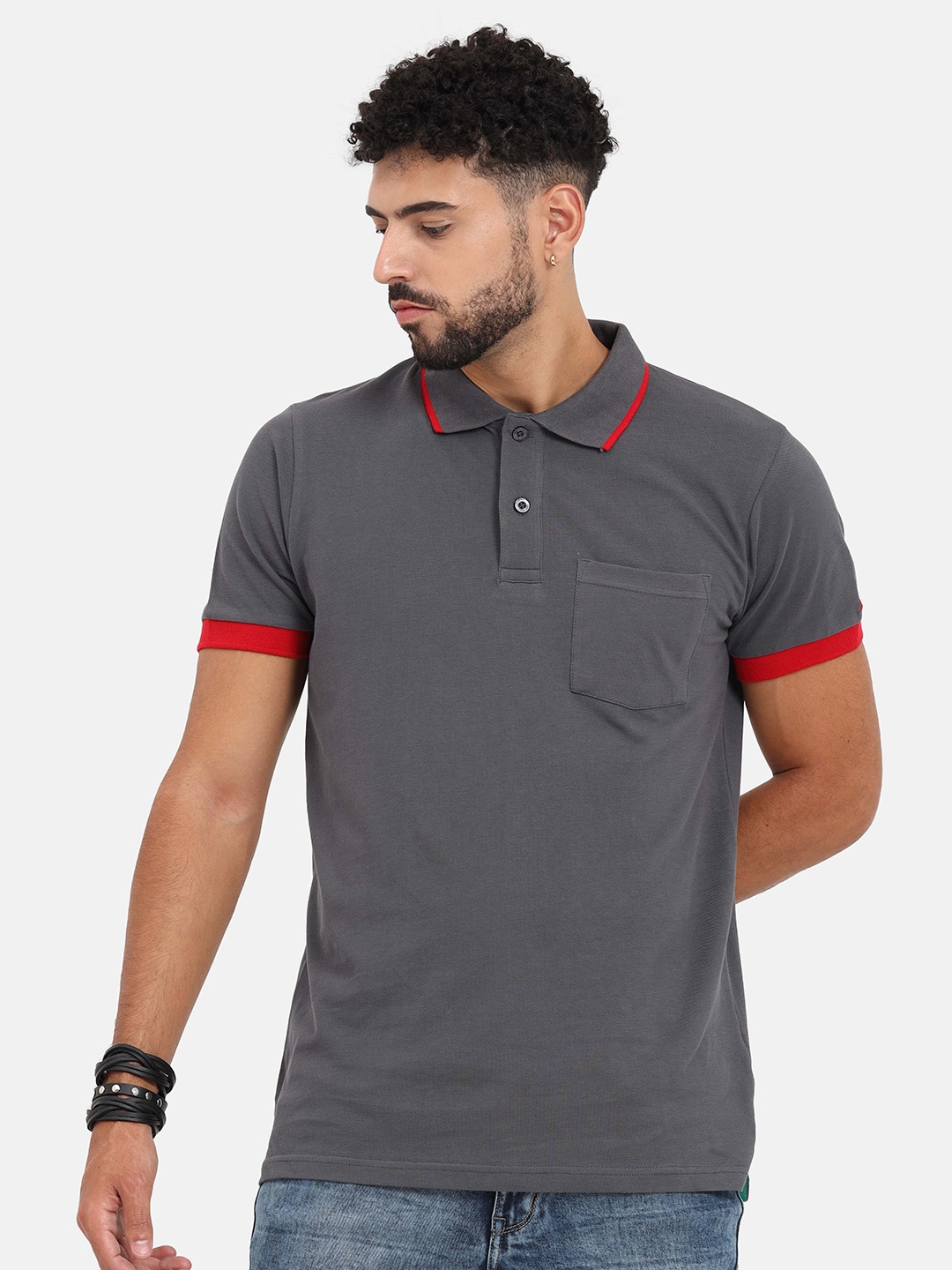 

Masculino Latino Plus Men Grey Polo Collar Bio Finish T-shirt