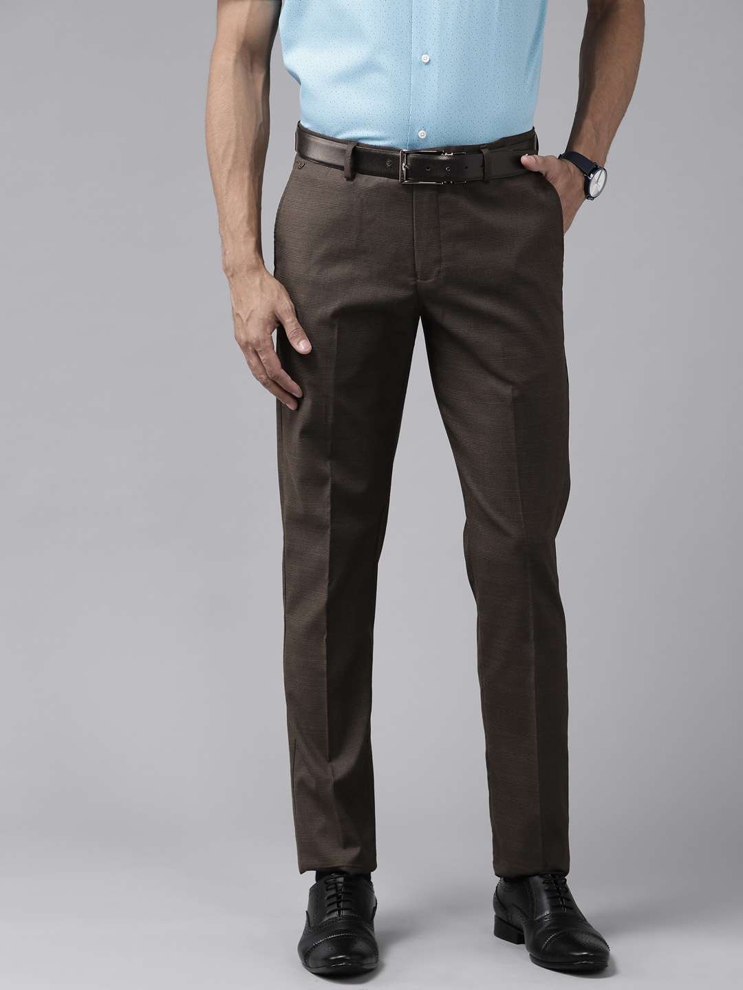 

Blackberrys Men Coffee Brown Checked B-95 Slim Fit Trousers