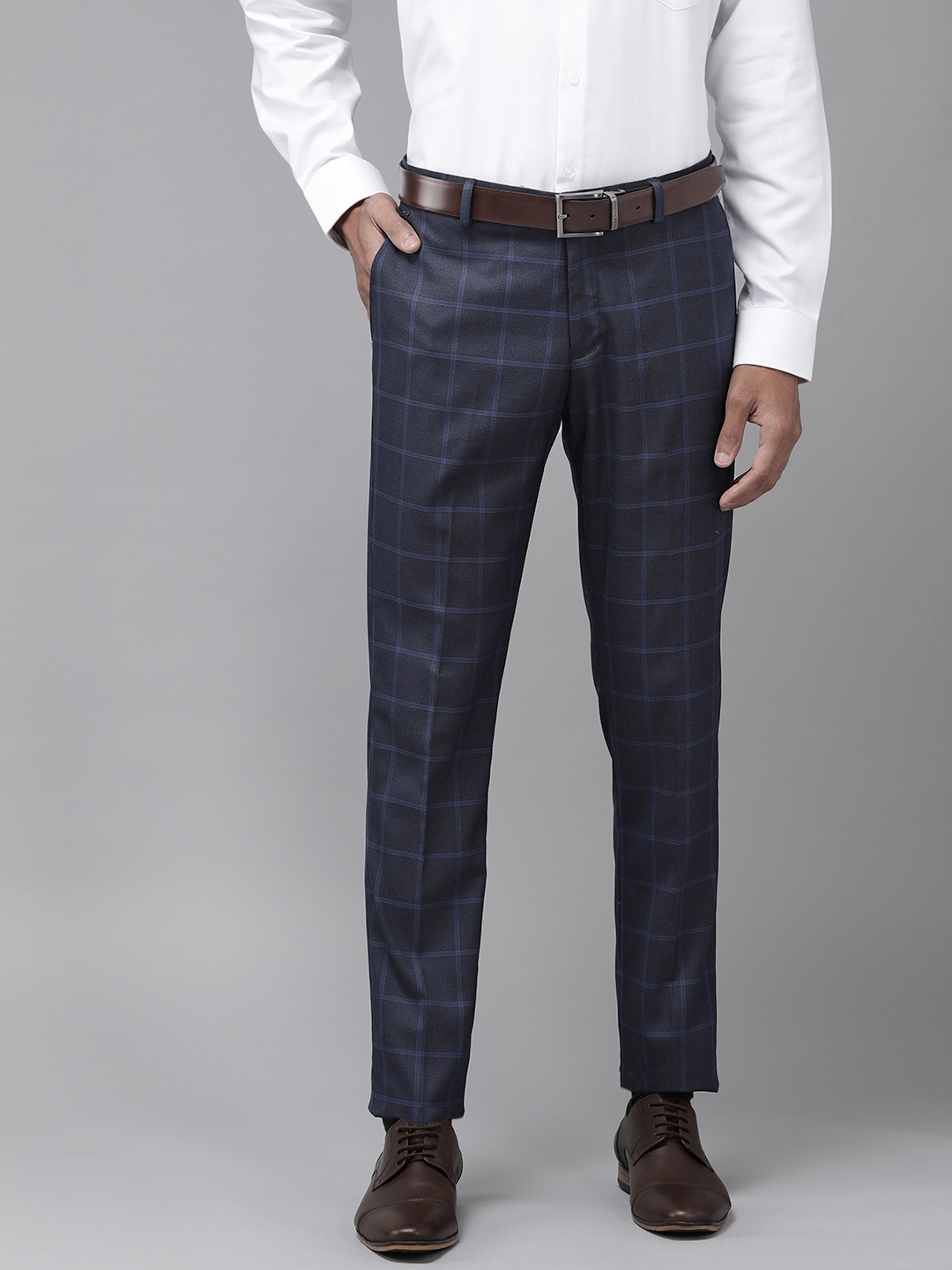 

Blackberrys Men Navy Blue Checked Lean Fit Trousers