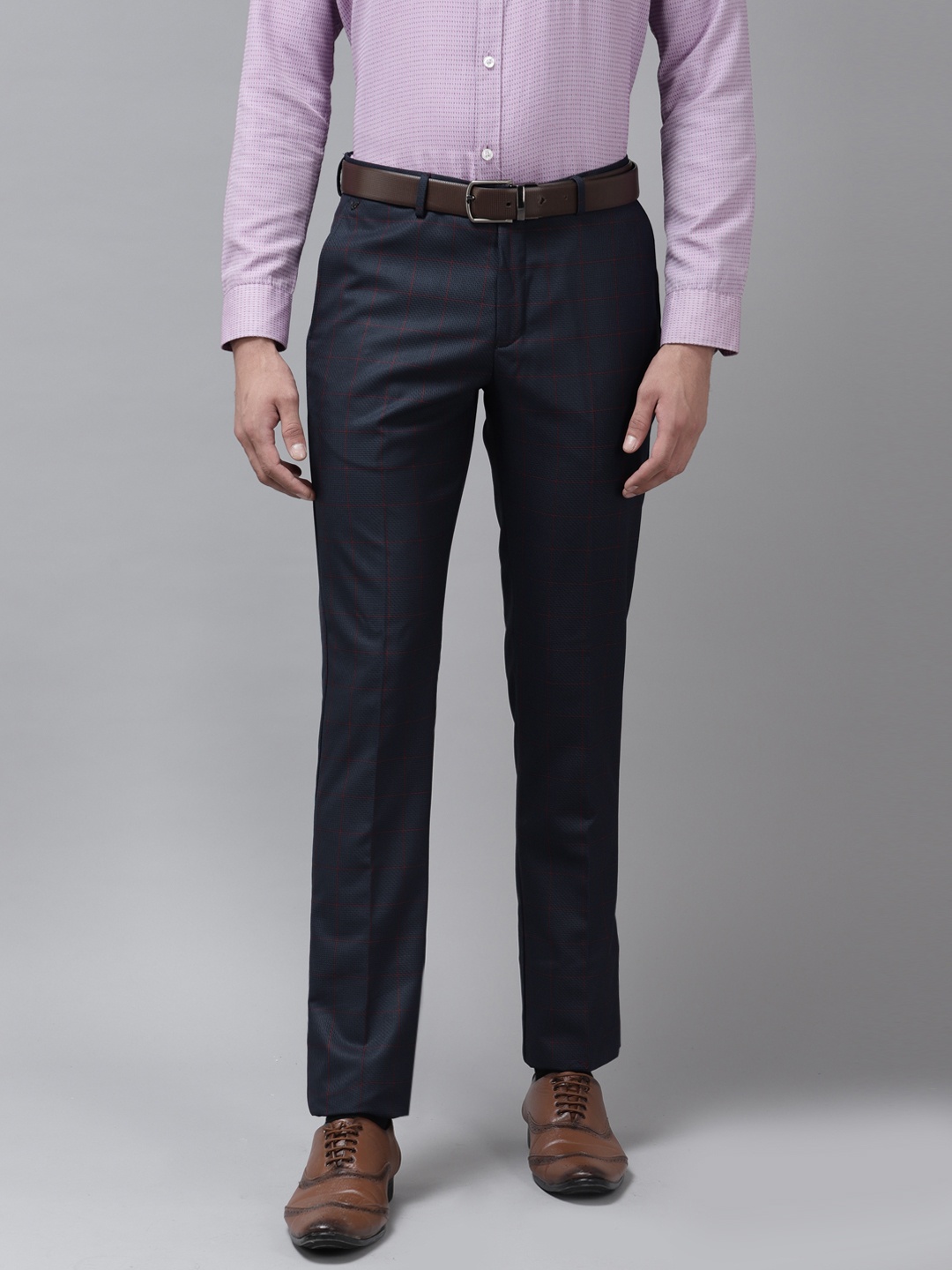 

Blackberrys Men Navy Blue Checked B-95 Slim Fit Trousers