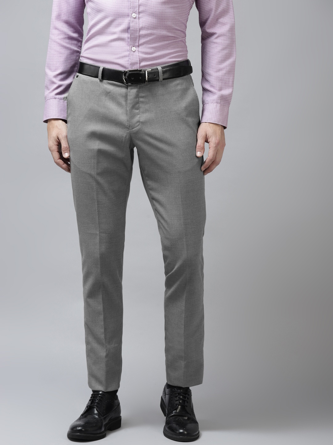 

Blackberrys Men Grey Checked Solid B-95 Slim Fit Formal Trousers