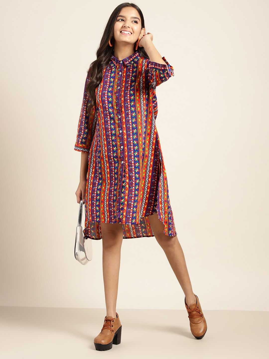 

Sangria Girls Multicoloured Ethnic Motifs Pure Cotton Shirt Dress, Multi