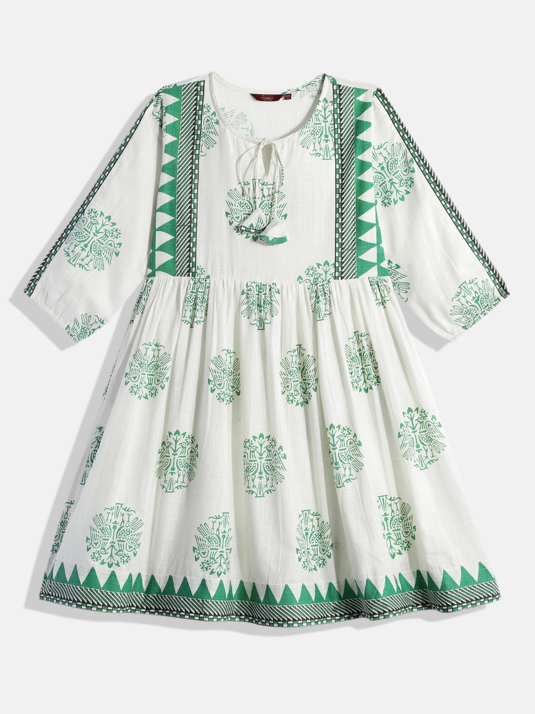 

Sangria Teen Girls White & Green Printed Ethnic Motifs Fit And Flare Dress