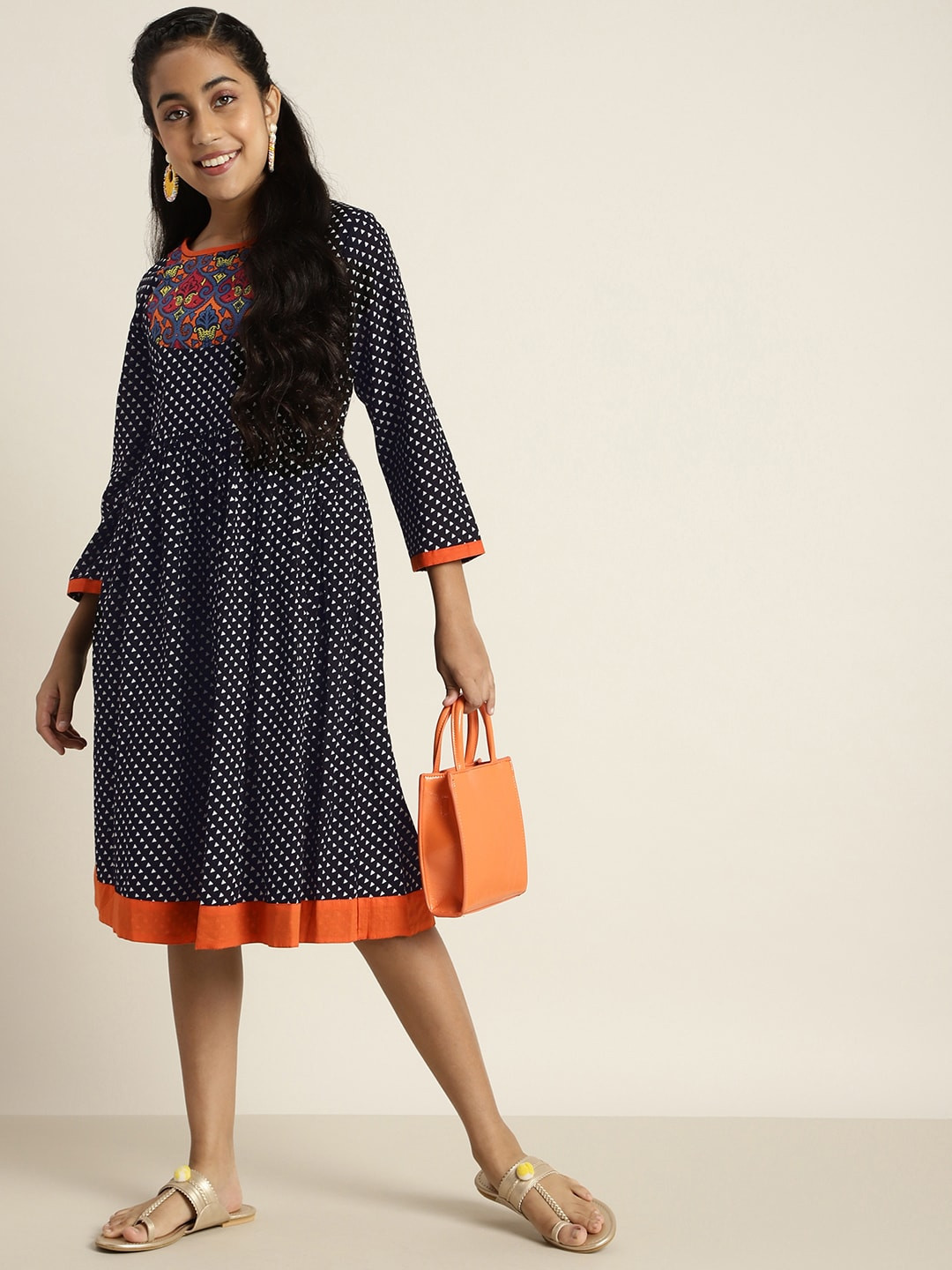 

Sangria Girls Black & White Geometric Print Cotton Fit & Flare Dress