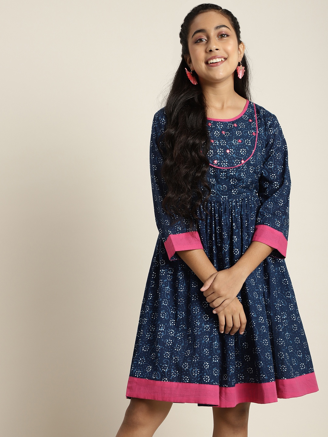 

Sangria Girls Navy Blue Printed Pure Cotton Fit & Flare Dress