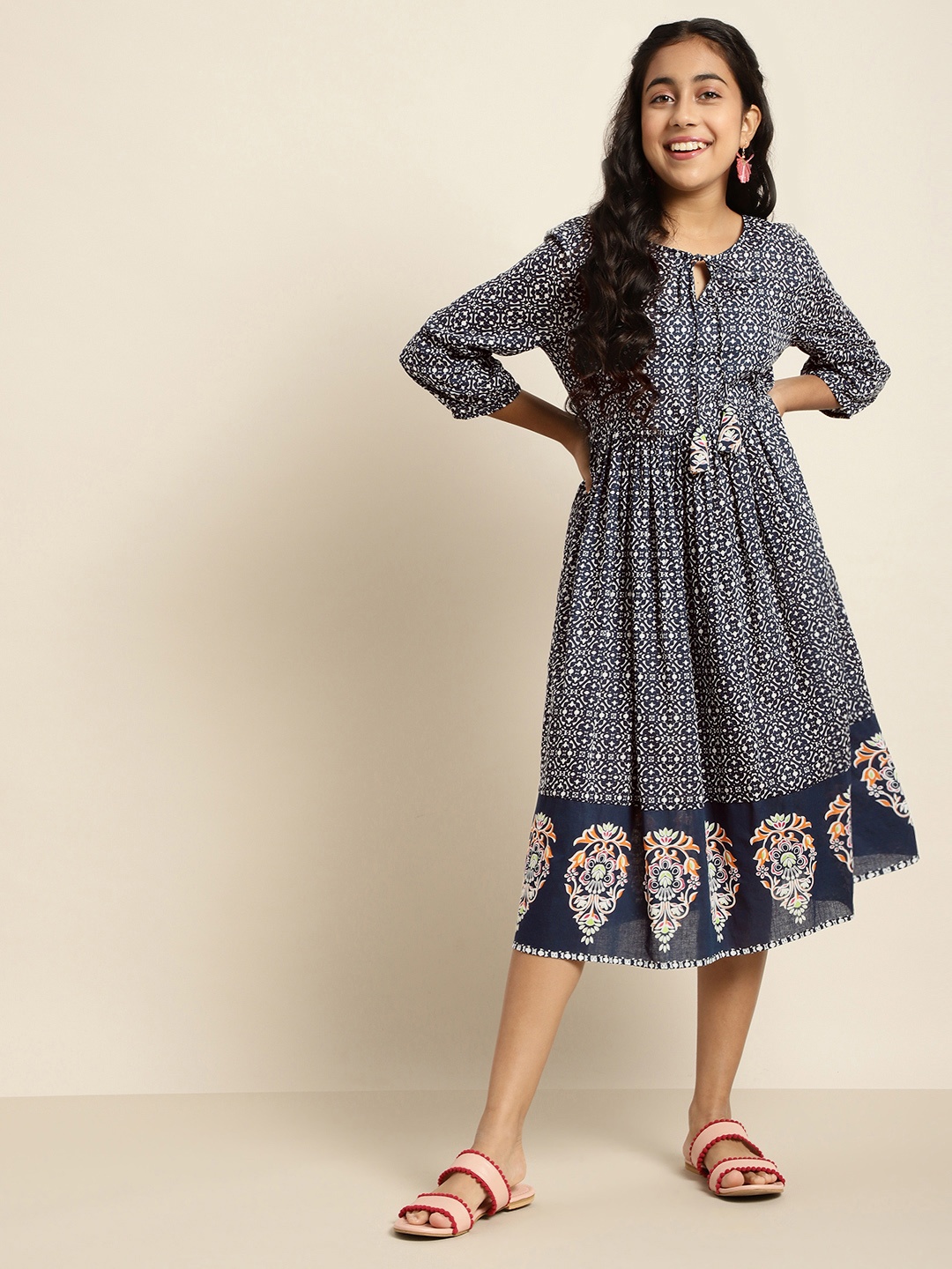 

Sangria Teen Girls Navy Blue & White Printed Pure Cotton Dress