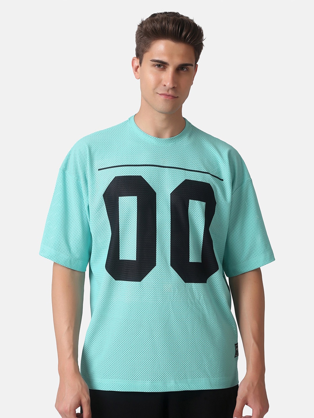 

Aesthetic Bodies Men Sea Green & Black Printed Loose Sports T-shirt