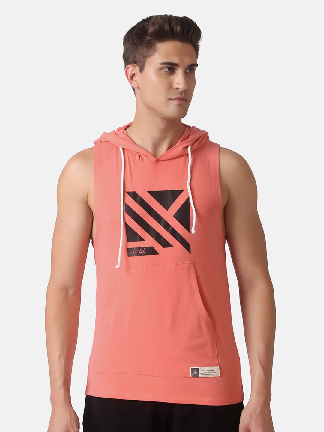 

Aesthetic Bodies Men Peach-Coloured Printed Hooded Cotton Slim Fit Training or Gym T-shirt