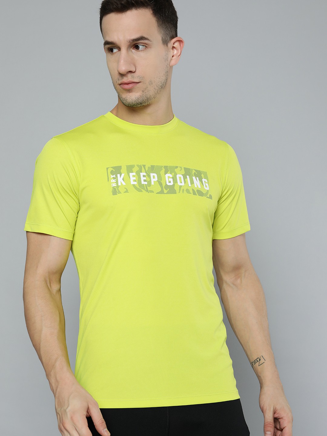 

HRX By Hrithik Roshan Training Men Neon Lime Rapid-Dry Typography Tshirts, Fluorescent green