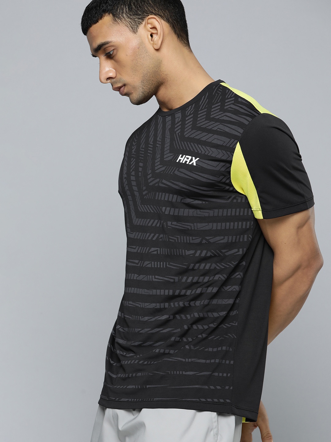 

HRX By Hrithik Roshan Men Jet Black & Neon Lime Rapid-Dry Printed Training Tshirt