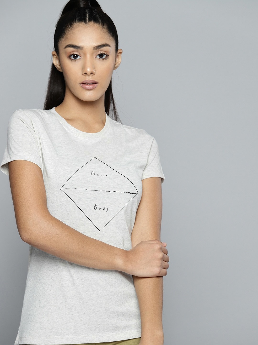

HRX by Hrithik Roshan Yoga Women Oatmeal Mel Bio-Wash Typography Tshirts, Grey melange