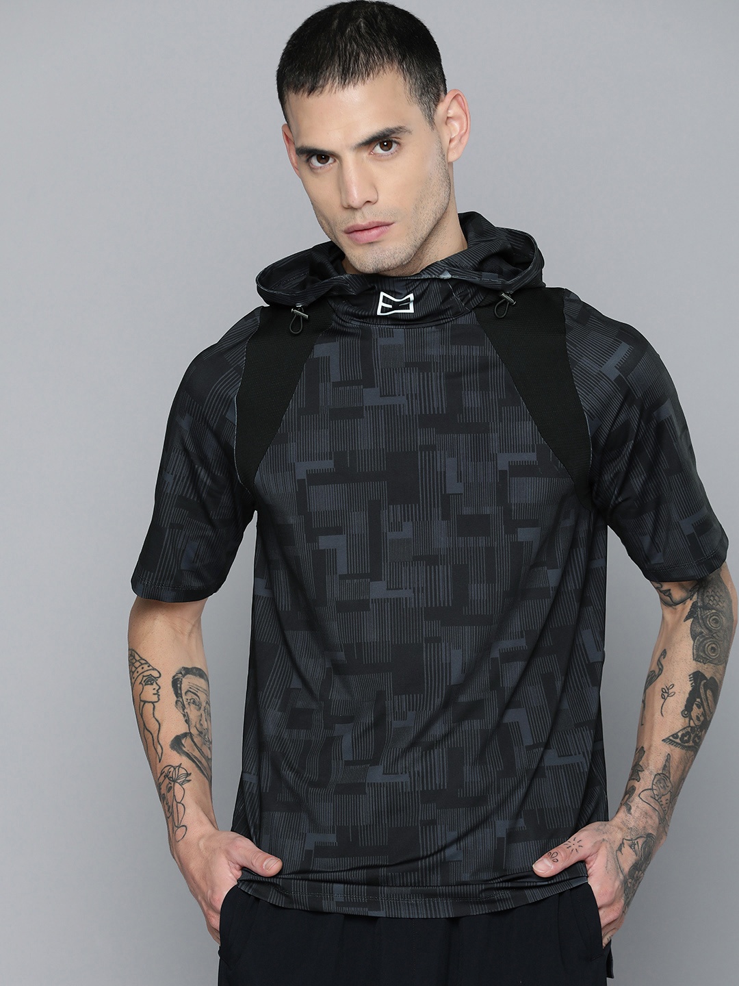 

HRX by Hrithik Roshan EDGE Men Black Rapid-Dry AOP T-shirt