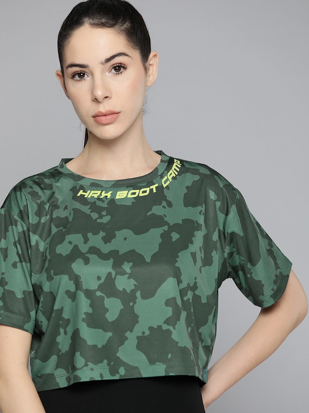 

HRX By Hrithik Roshan Training Women KOMBU GREEN Rapid-Dry AOP T-shirt