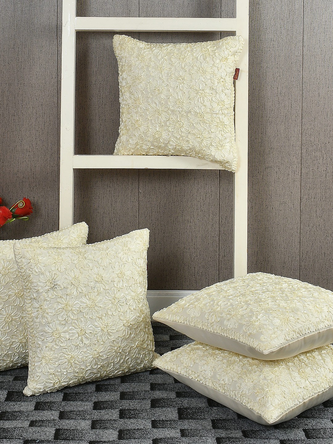 

AEROHAVEN Beige Set of 5 Floral Embellished Square Cushion Covers